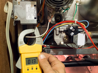 A handheld tool is held up to a furnace to check how it is functioning